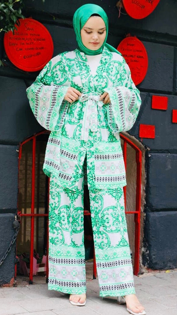 Desenli Kuşaklı Kimono Takım Yeşil