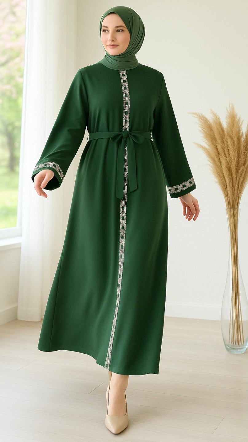 Taş İşlemeli Abaya Yeşil
