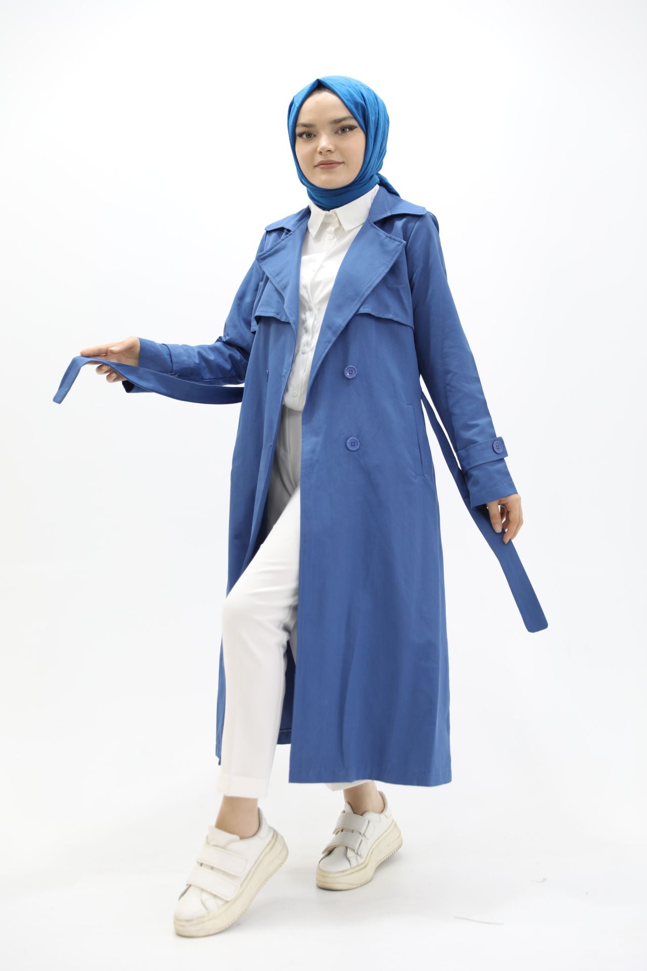 Button and Waist Lace Trench Blue