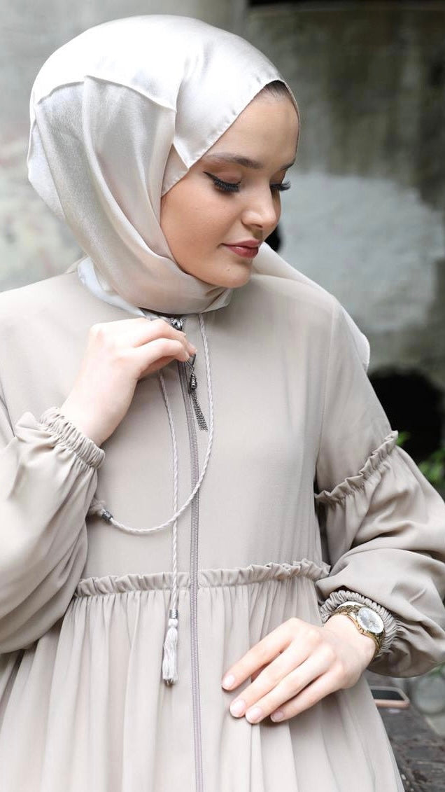 Ruffle Detailed Abaya Beige