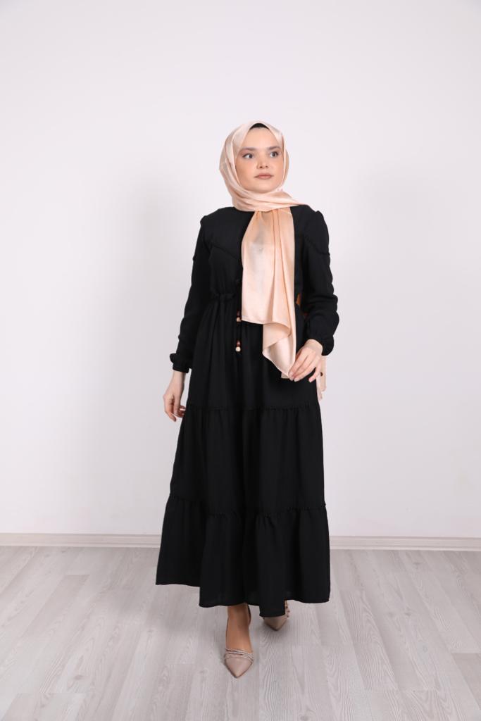 Belden Bağlamalı Güpürlü Elbise Siyah