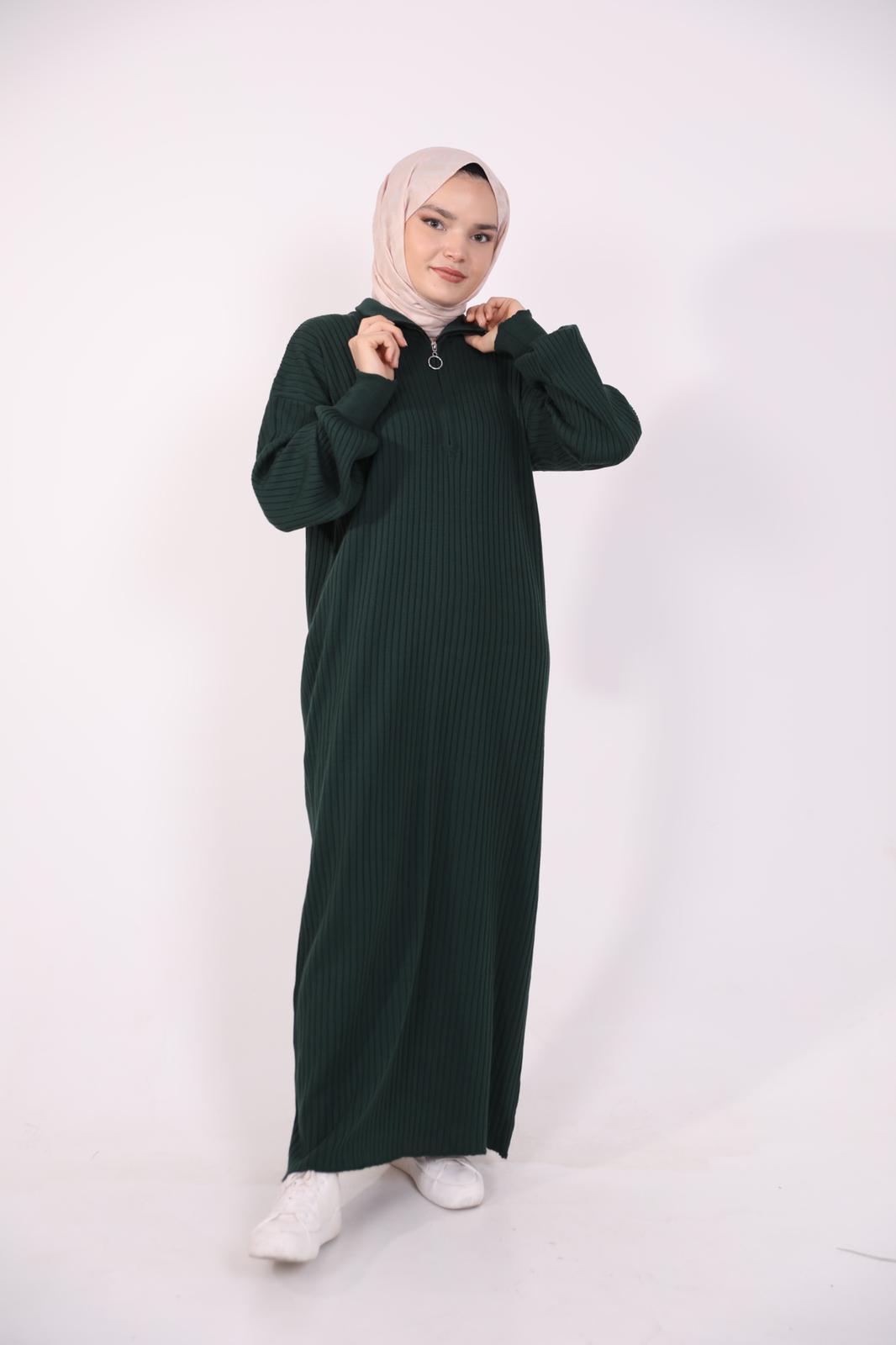 Zippered Collar Knitwear Dress Green