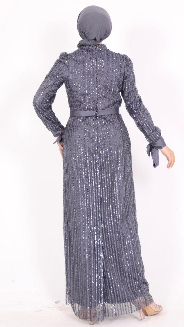 Ful Payetli Kalem Model Elbise Gri