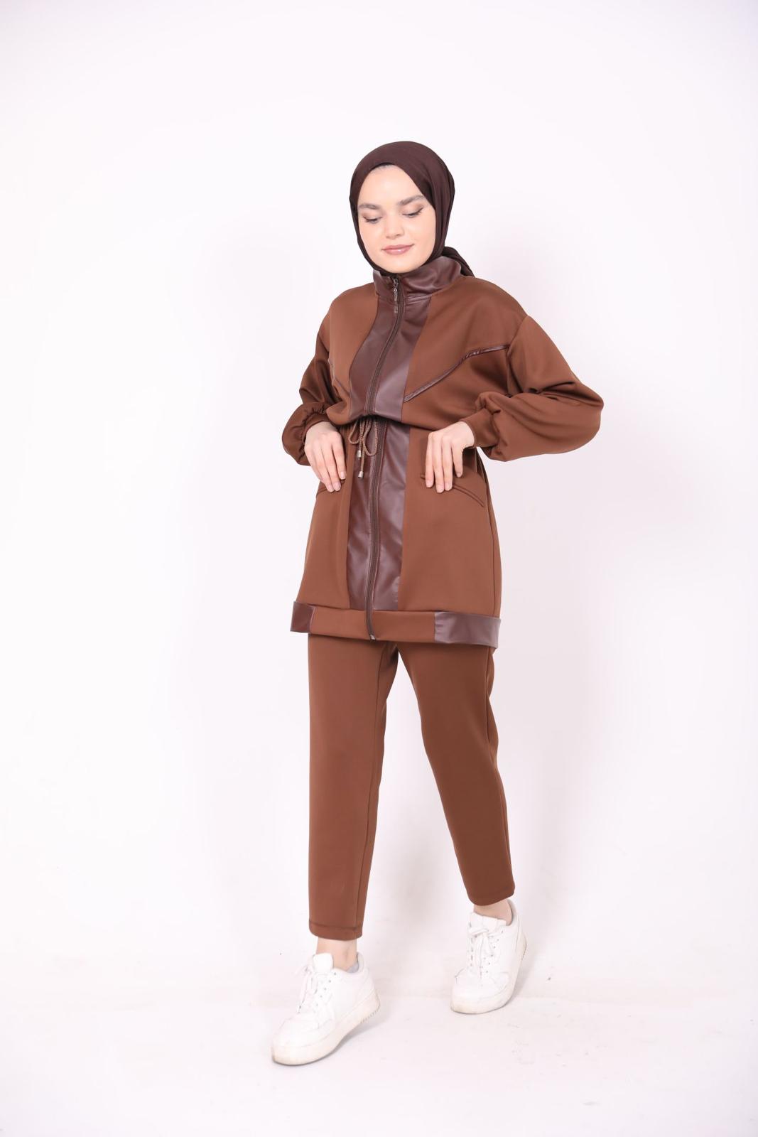 Leather Detailed Scuba Suit Brown