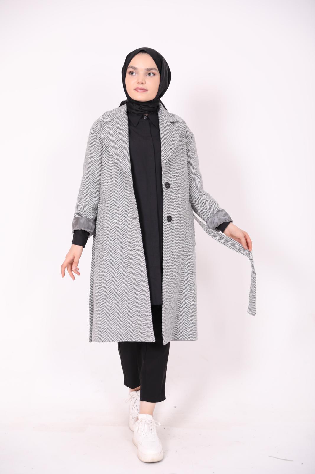 Çizgi Desen Kuşaklı Astarlı Kaban Gri