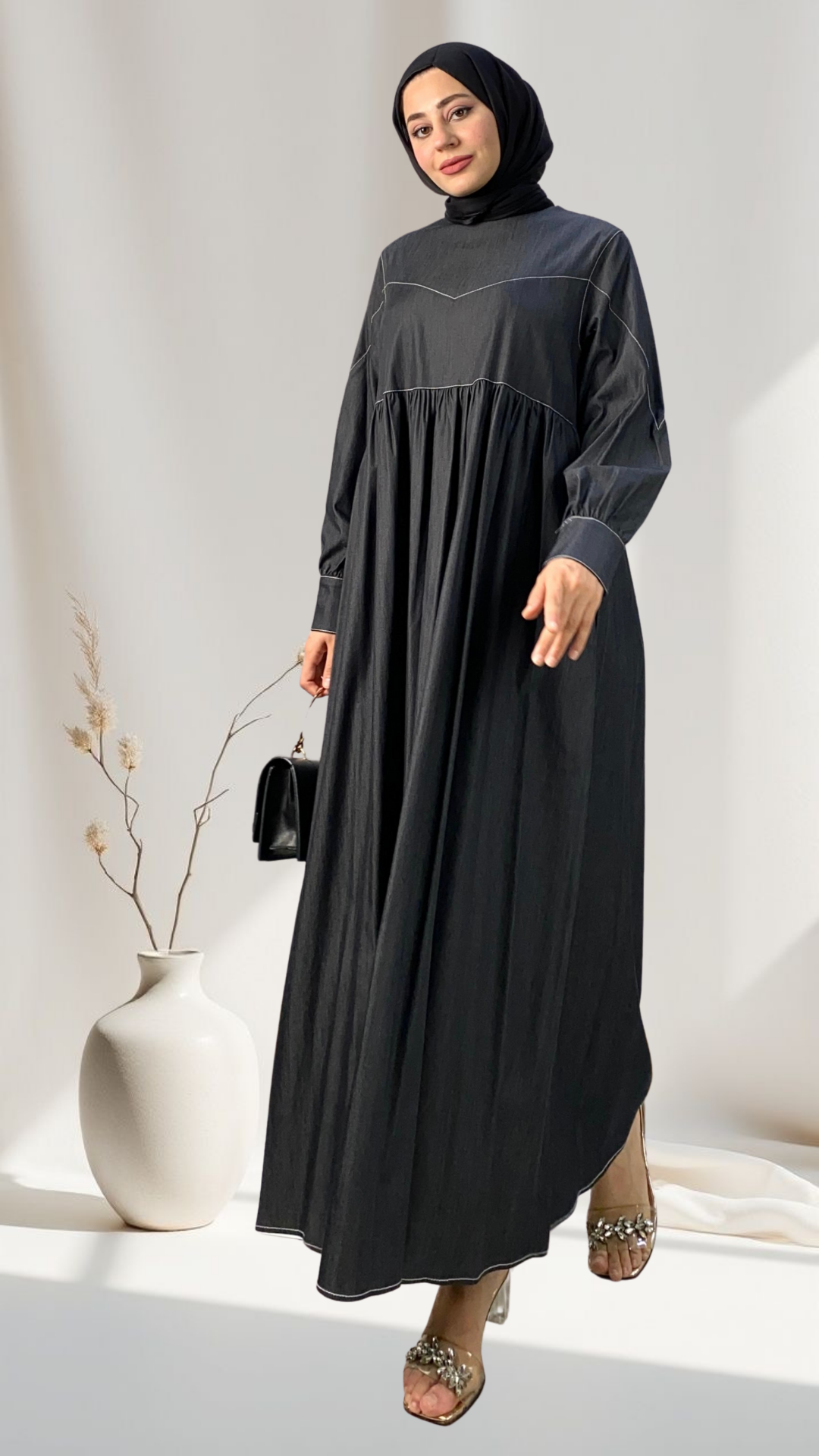 Stitching Detailed Denim Dress Black