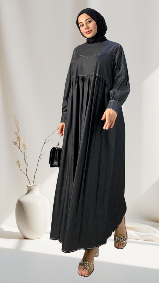 Stitching Detailed Denim Dress Black