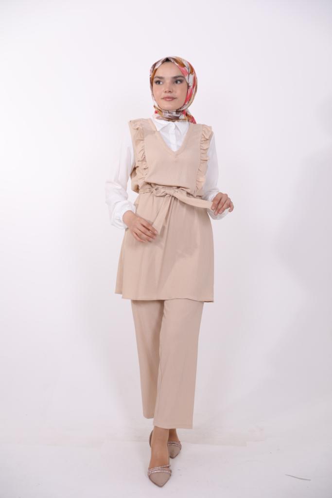 Frilly Front Shirt Detailed Suit Beige