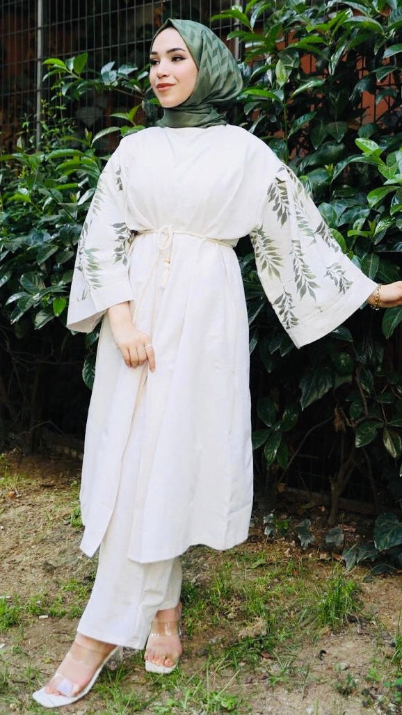Kolları Desenli Kuşaklı Kimono Takım