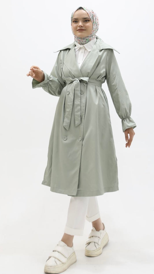 Trench with Elastic Sleeves and Slit Detail, Water Green
