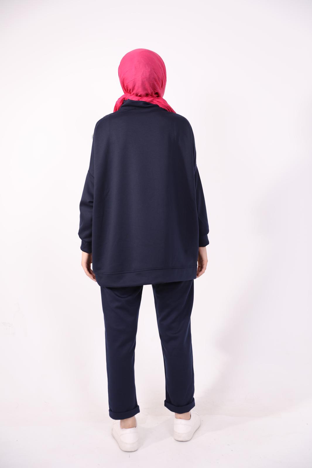 Double Suit with Stones on the Shoulder Navy Blue