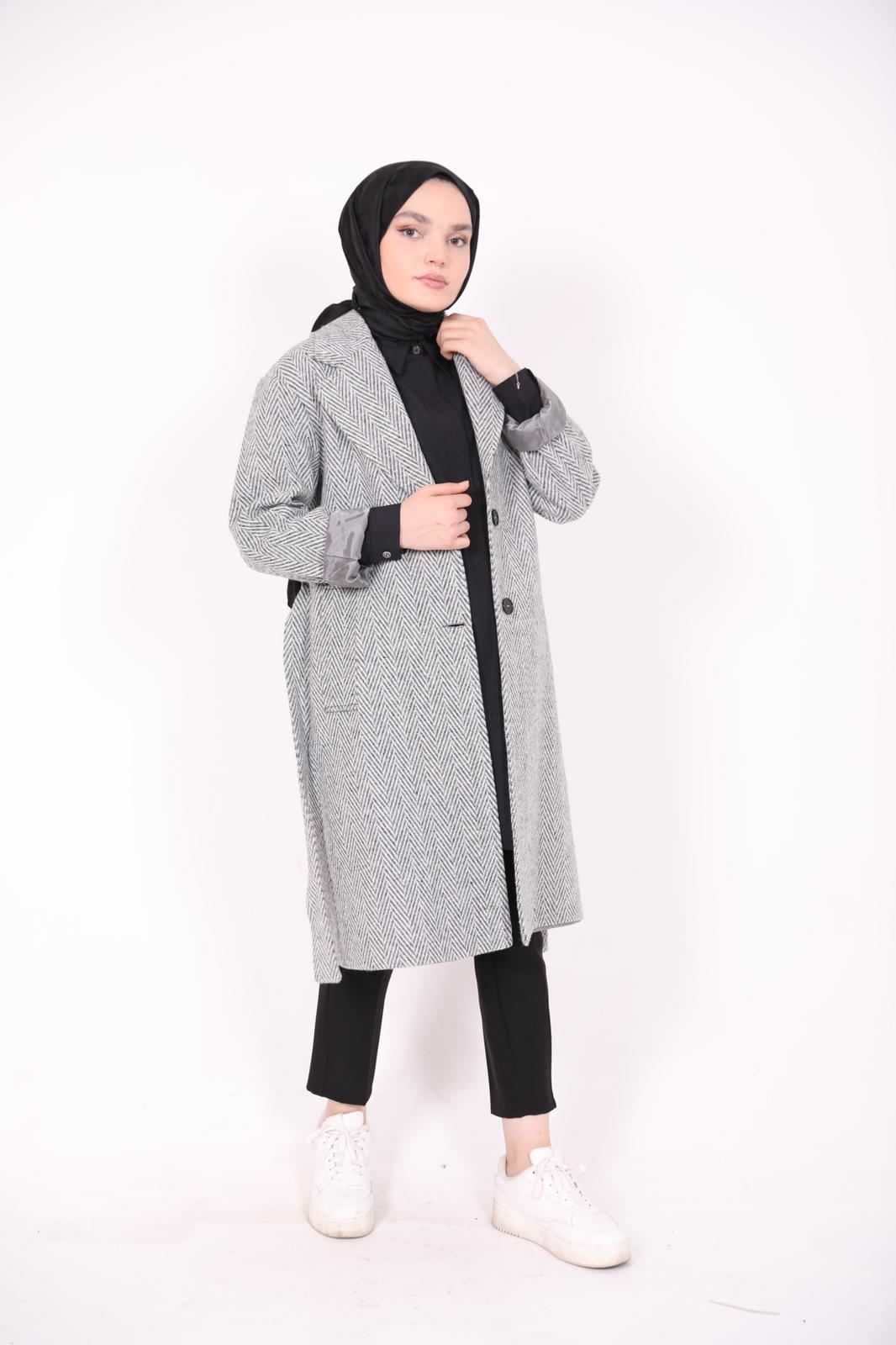 Çizgi Desen Kuşaklı Astarlı Kaban Gri
