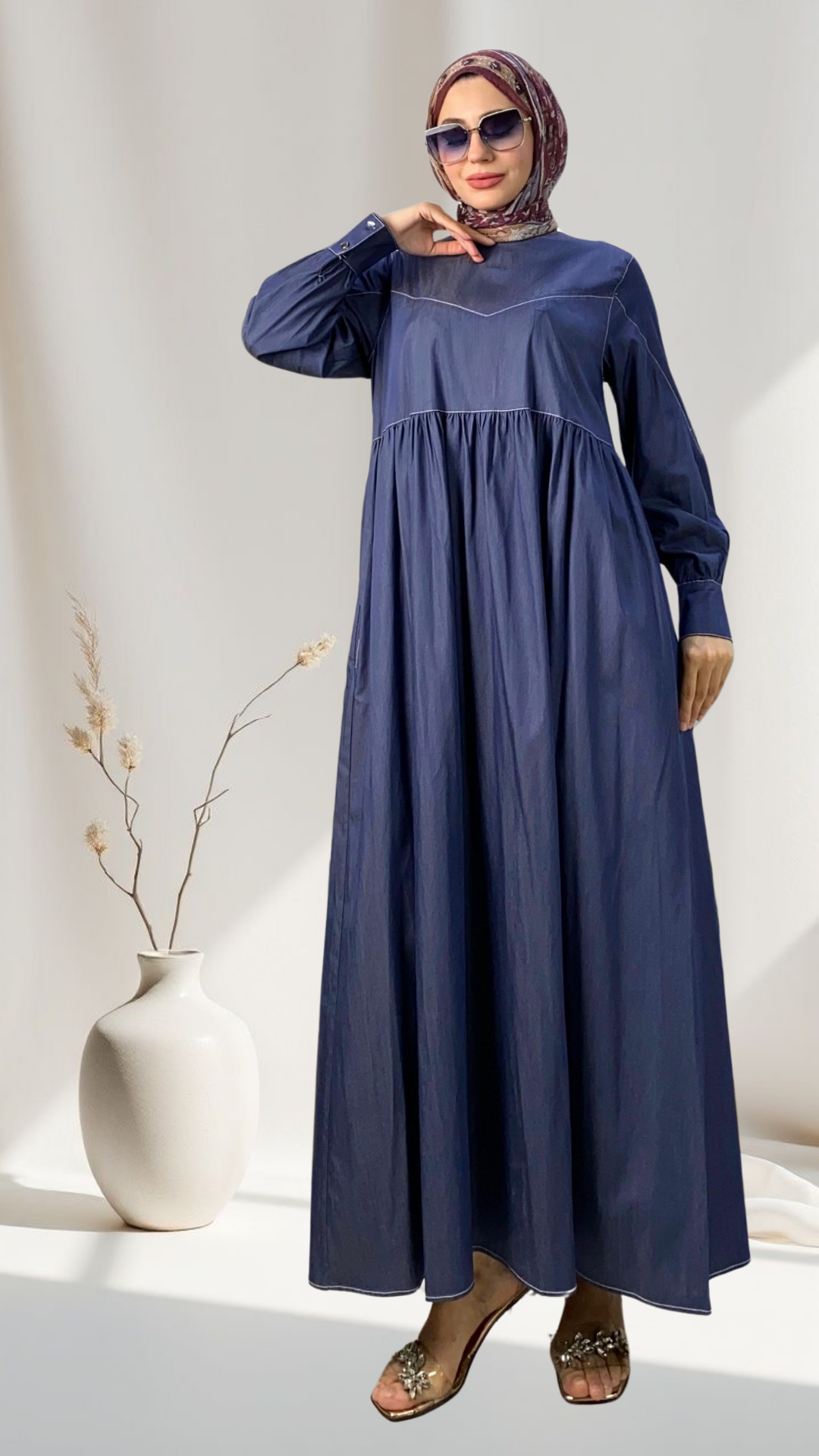 Stitching Detailed Denim Dress Blue