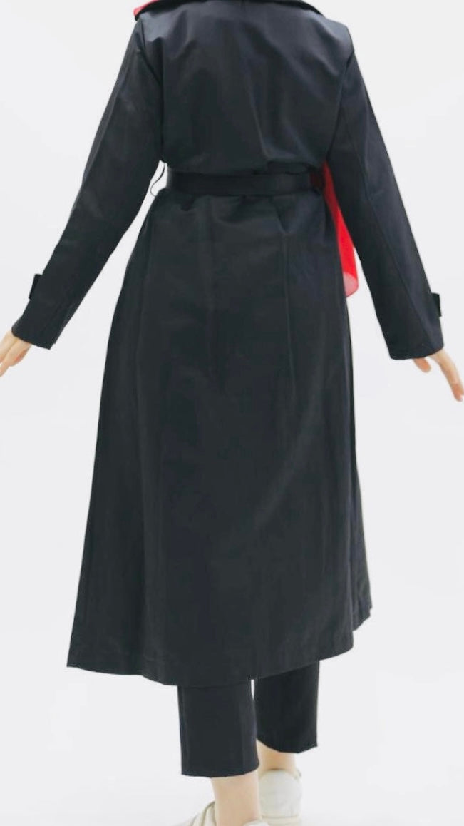 Button and Waist Lace Trench Black