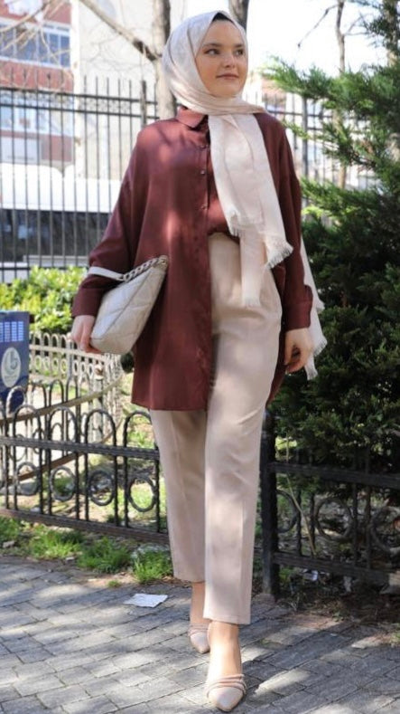 Solid Color Satin Shirt Brown