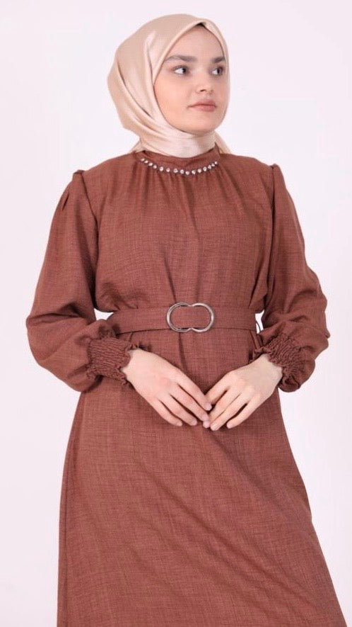 Stoned Collar Belted Dress Brown