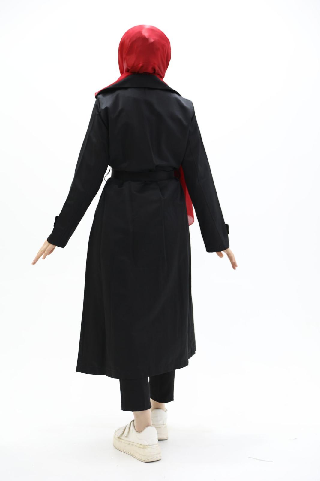 Button and Waist Lace Trench Black