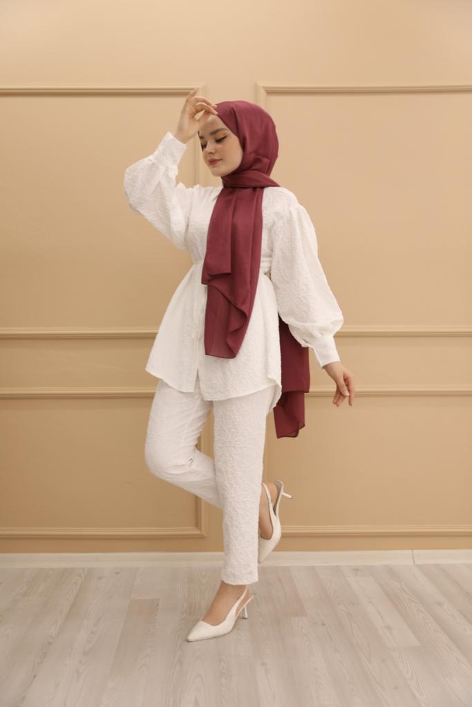 Embossed Belted Double Suit White