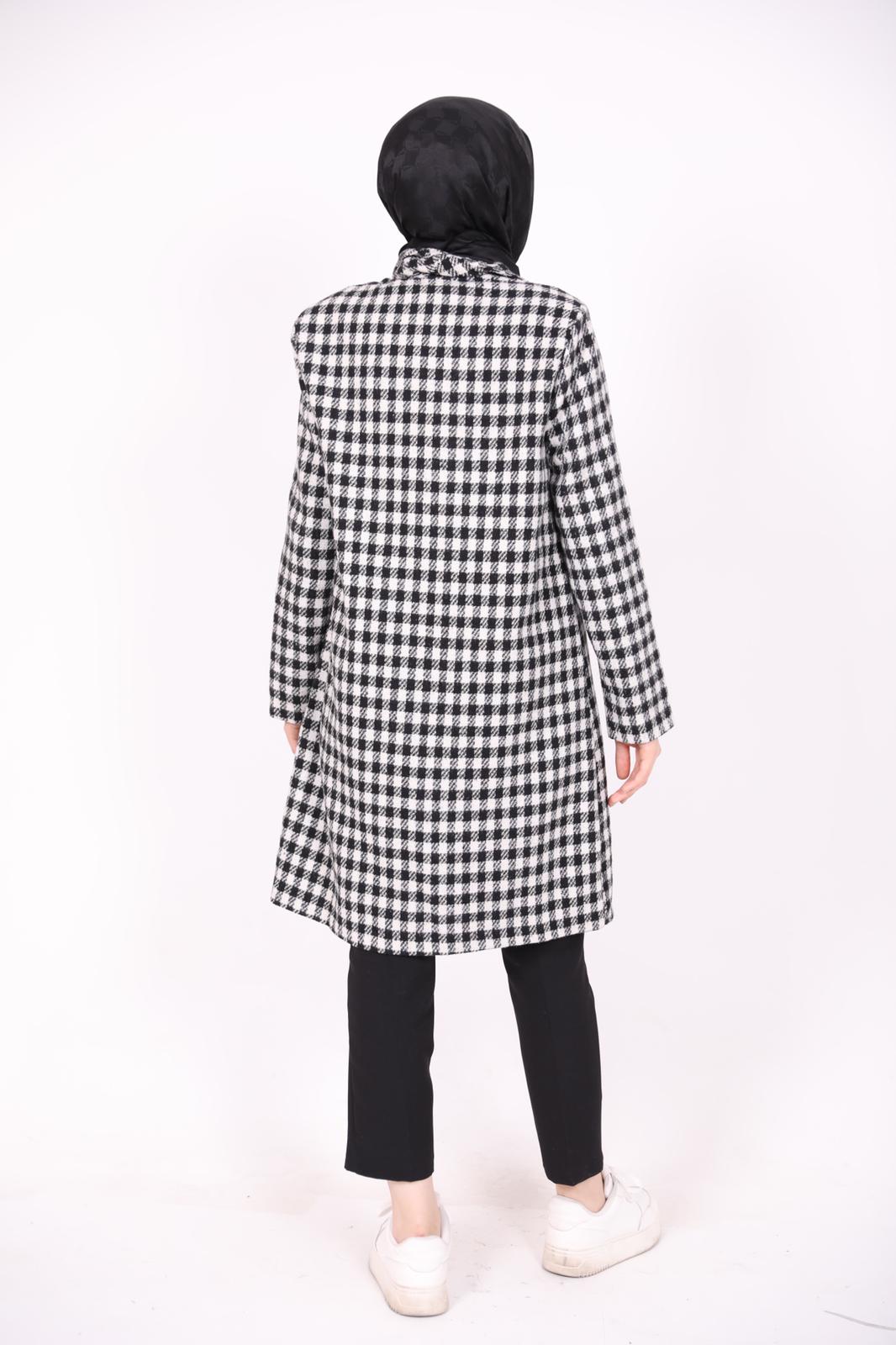 Houndstooth Pattern Coat with Zipper Pockets Black