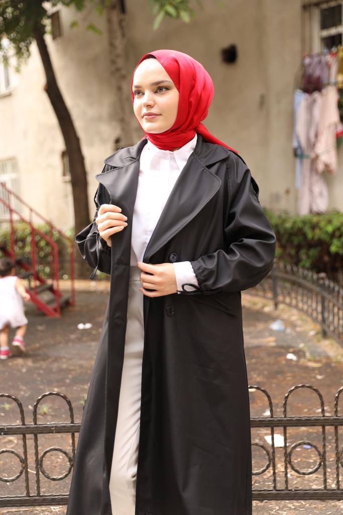 Kolları Bağlamalı Oversize Trenç Siyah