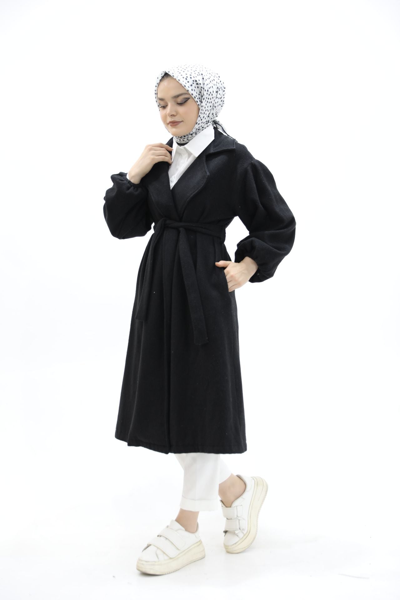 Balloon Sleeve Belted Coat Black