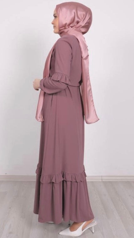 Dusty Rose Abaya with Frilled Skirt and Sleeves