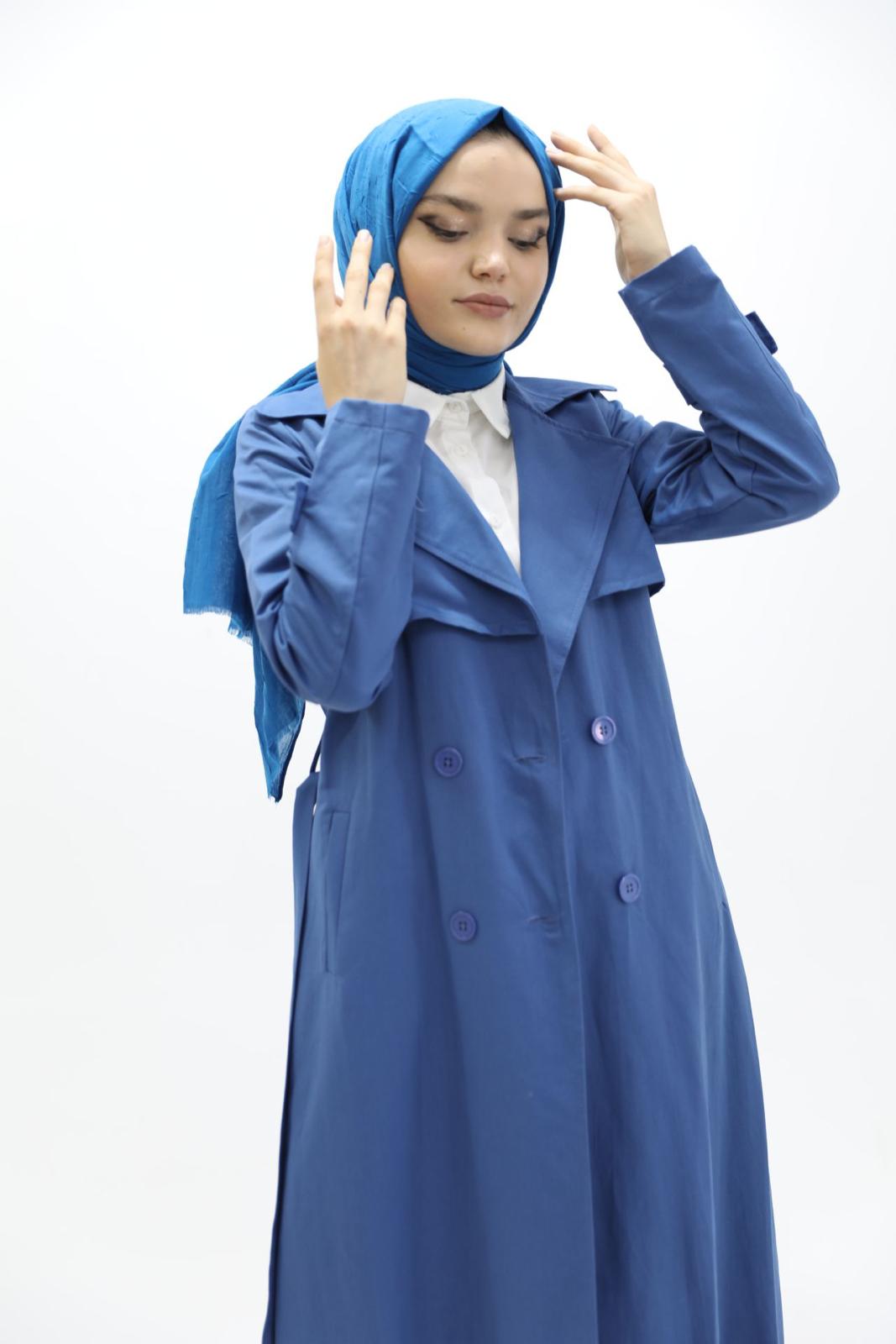 Button and Waist Lace Trench Blue