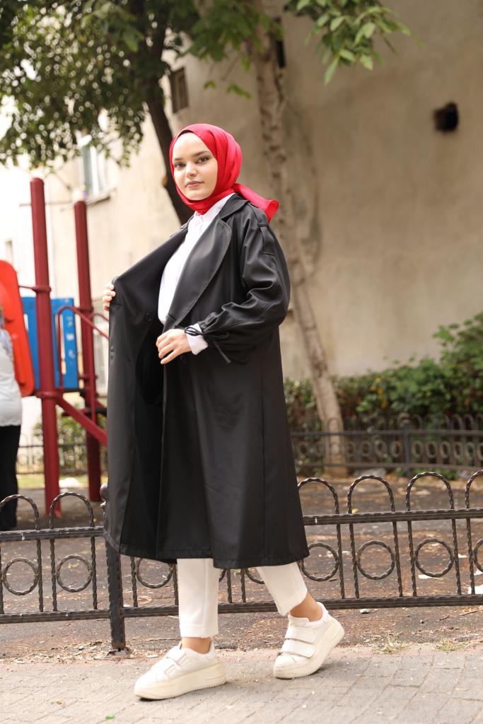 Kolları Bağlamalı Oversize Trenç Siyah