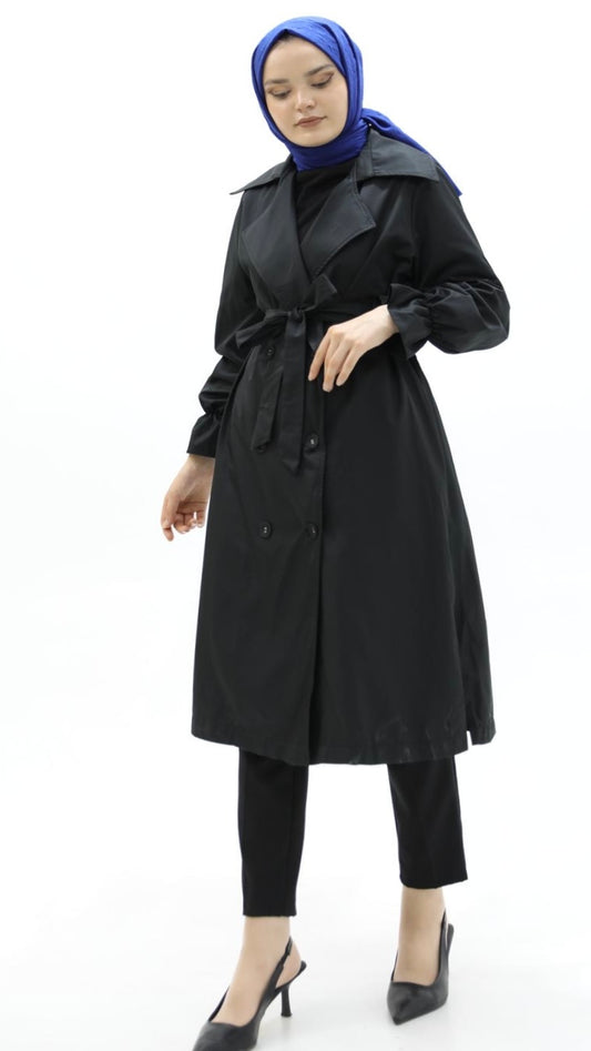 Black Trench with Slit Detail and Elastic Sleeves