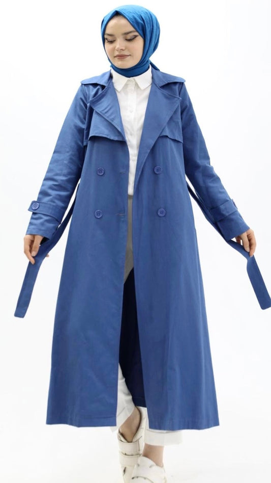 Button and Waist Lace Trench Blue