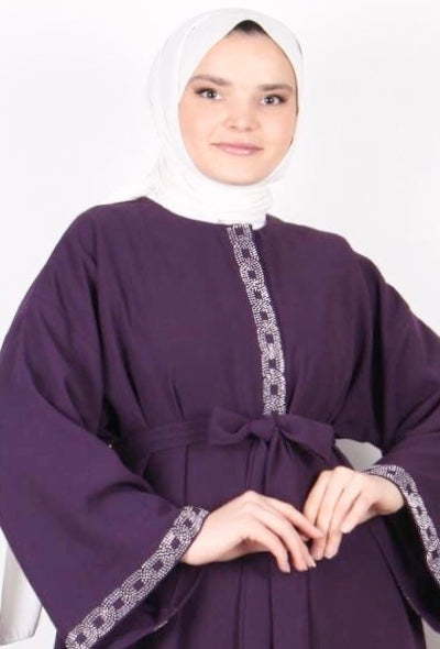 Taş İşlemeli Abaya Mor