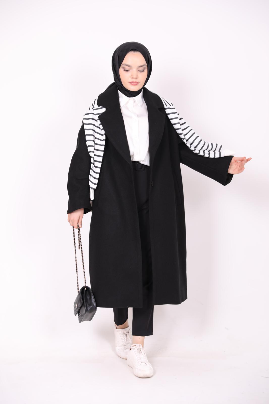 Oversized Coat with Pleated Sleeve Detail Black