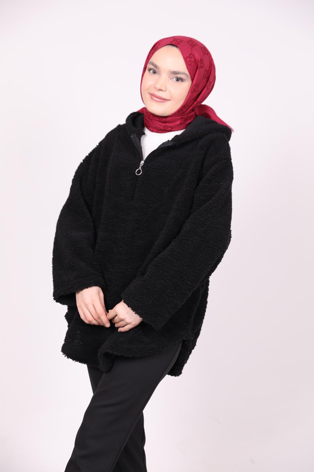 Kapşonlu Peluş Sweat Siyah