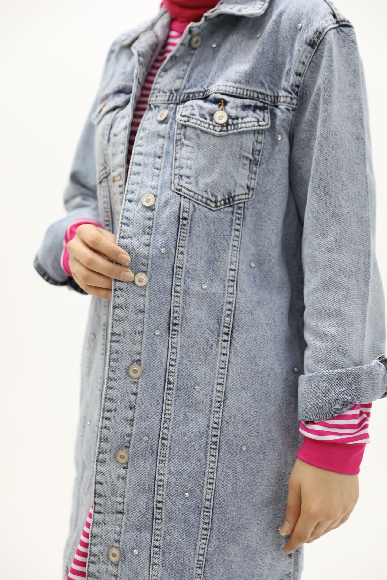 Stone Detailed Denim Jacket Blue
