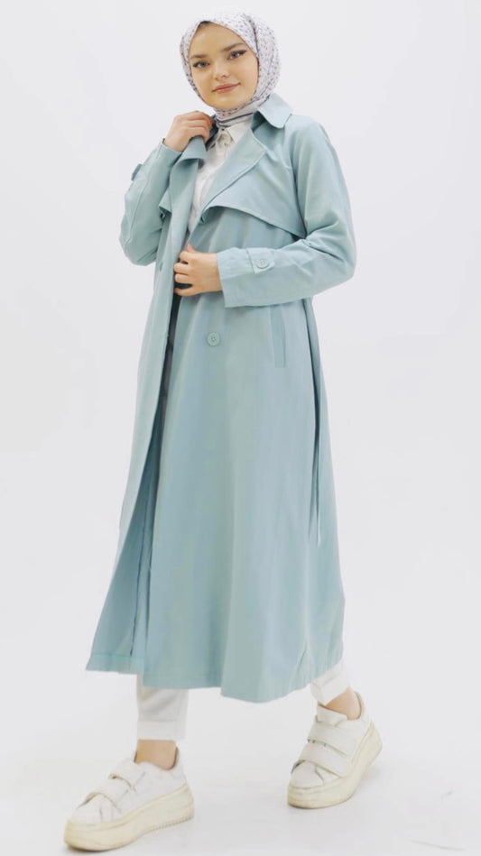 Button and Waist Lace Trench Ice Blue