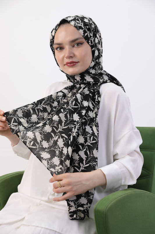 Yaprak Desenli Şal Siyah