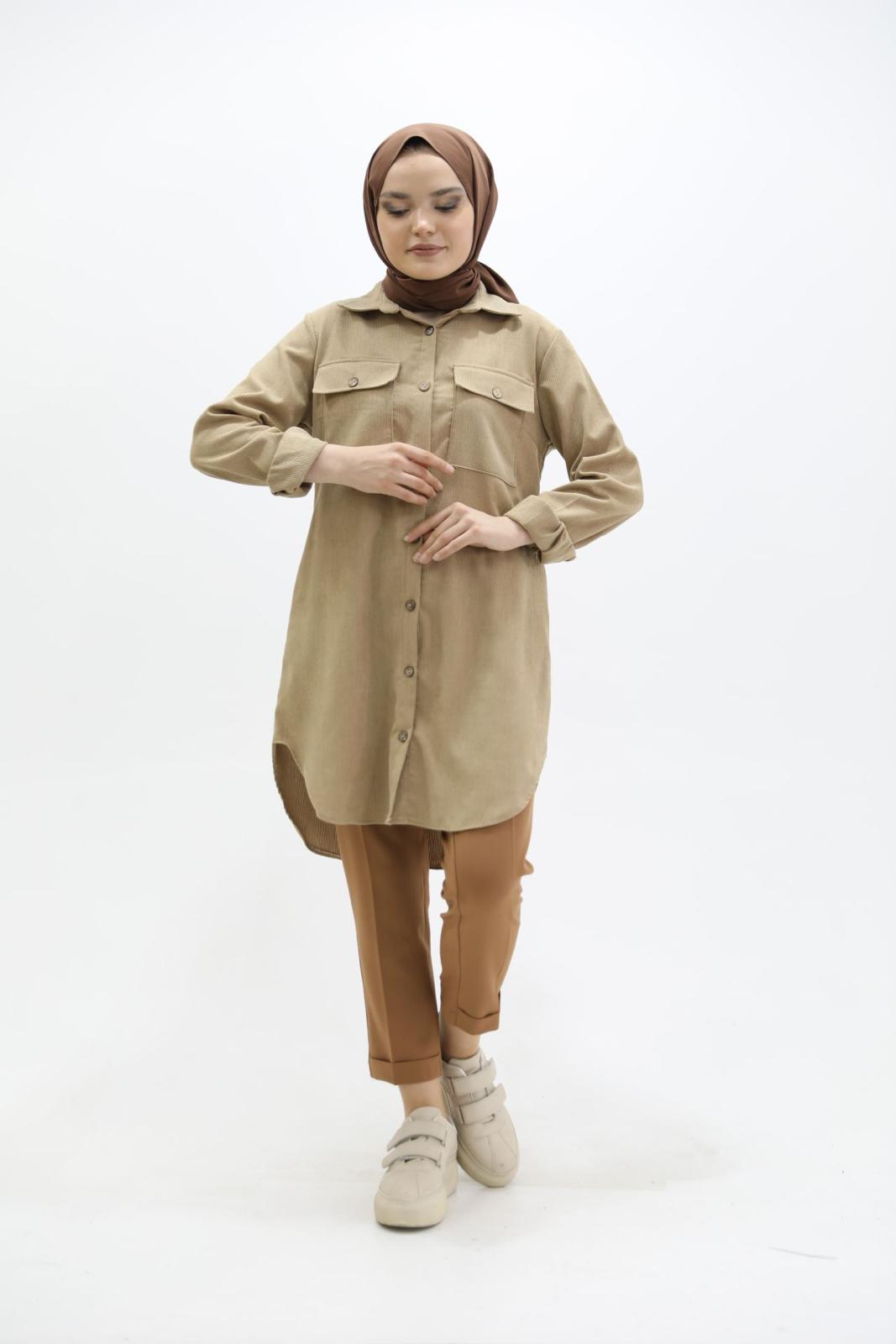 Velvet Shirt with Pockets Beige