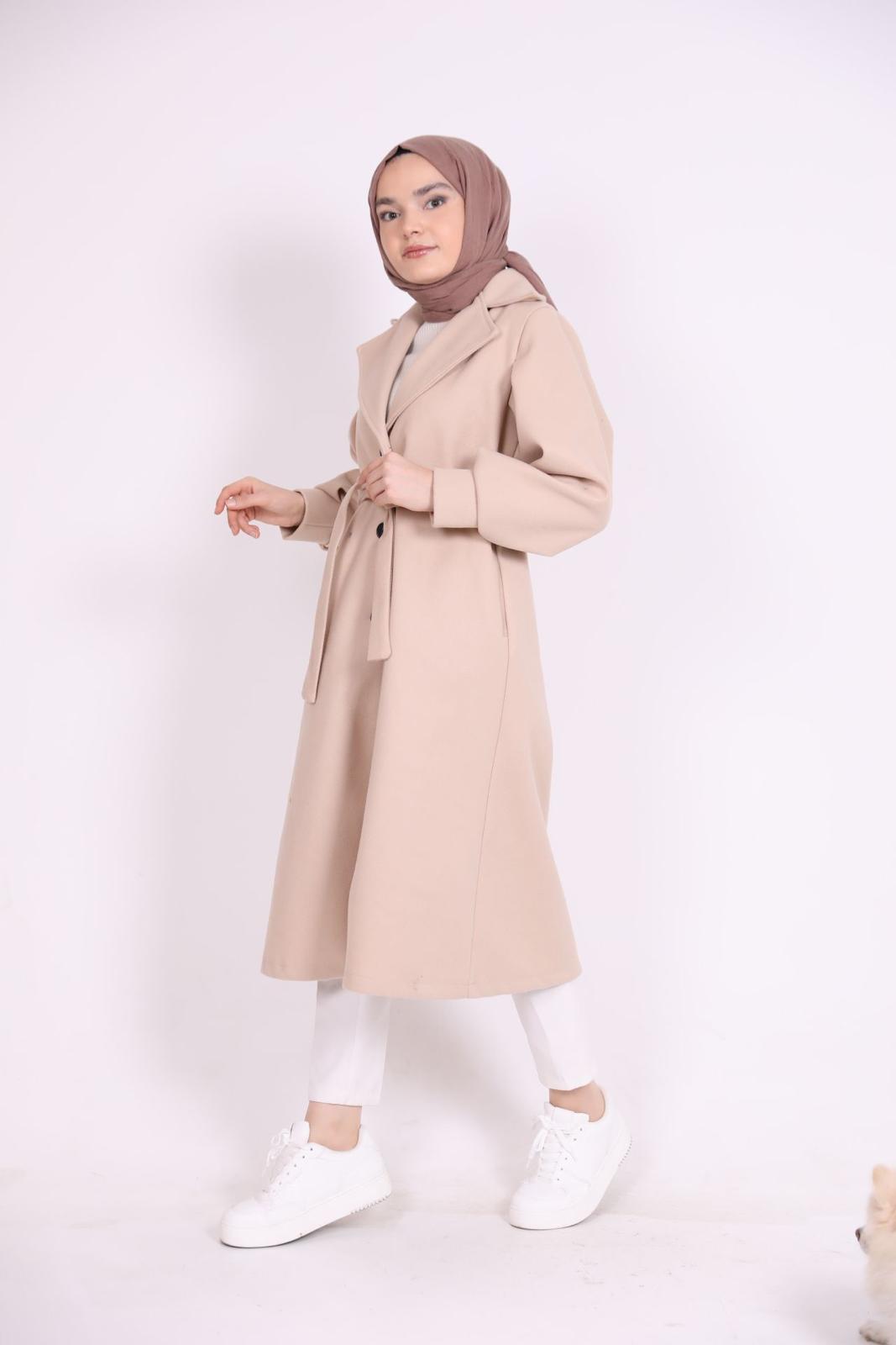 Bracelet Sleeve Belted Coat Beige