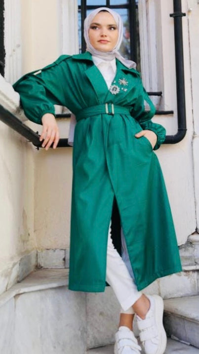 Stoned Collar Trench Green