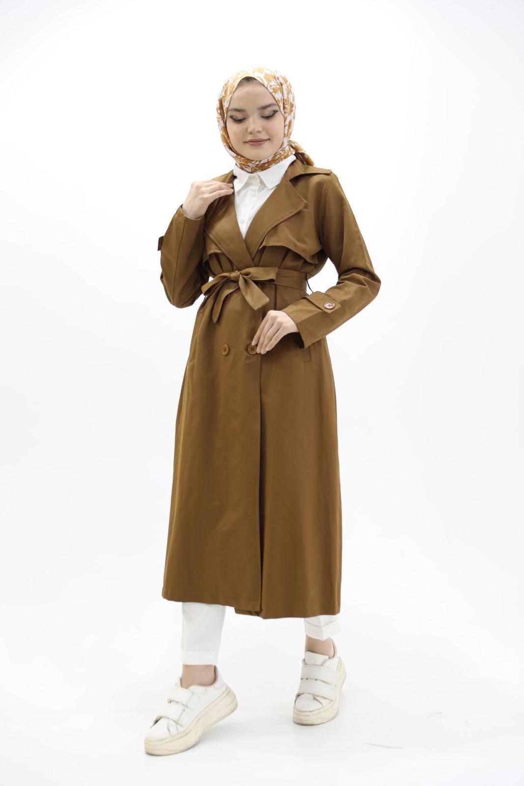 Button and Waist Lace Trench Camel