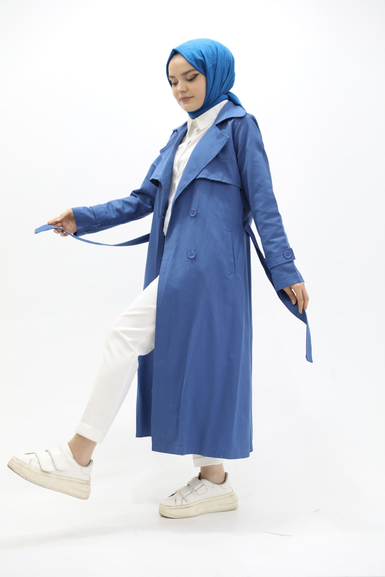 Button and Waist Lace Trench Blue