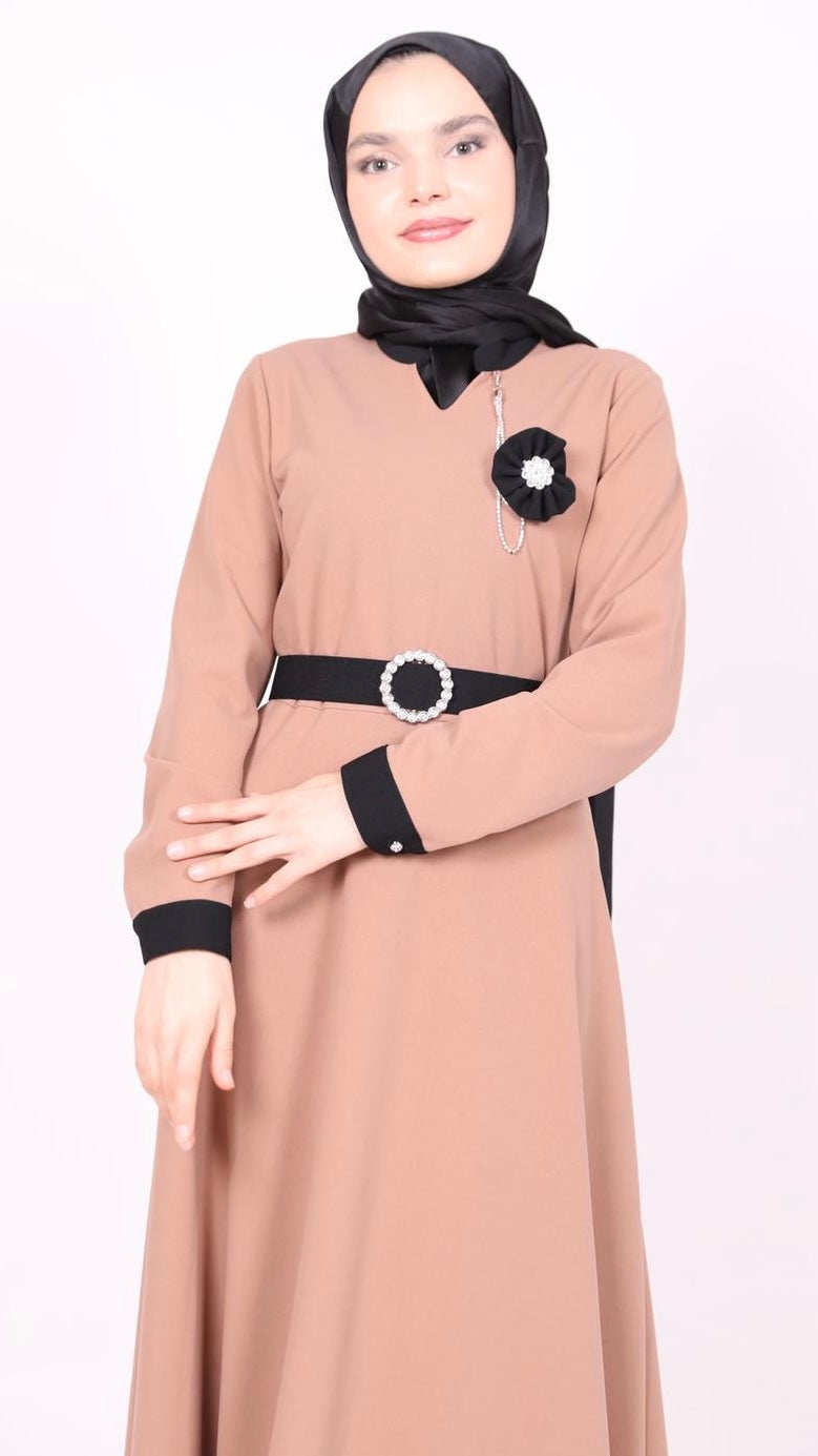 Rose Bronze Belted Dress Camel