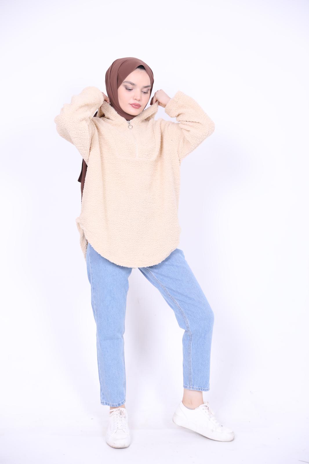 Kapşonlu Peluş Sweat Bej