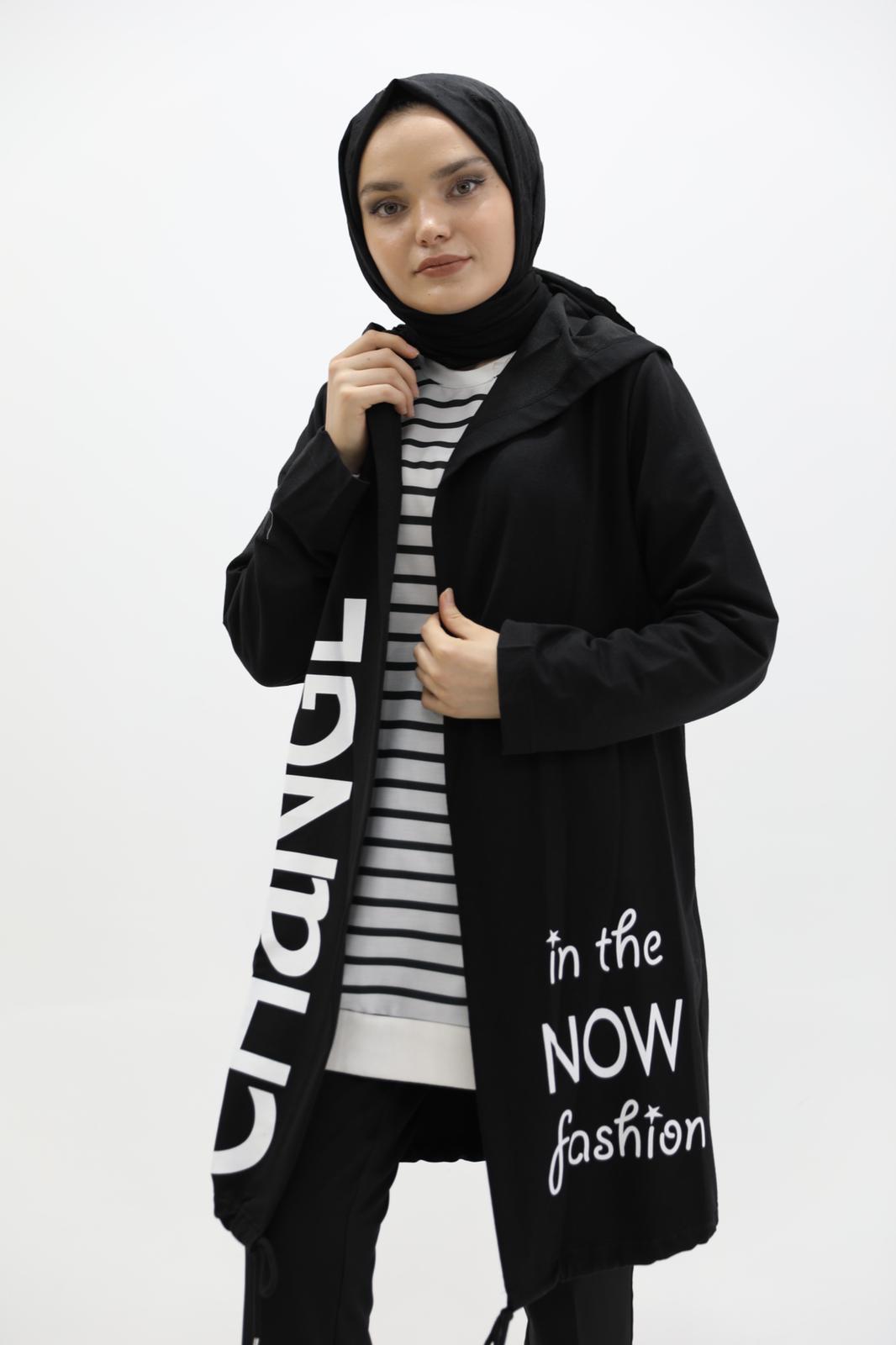 Printed Hooded Sweat Cardigan Black