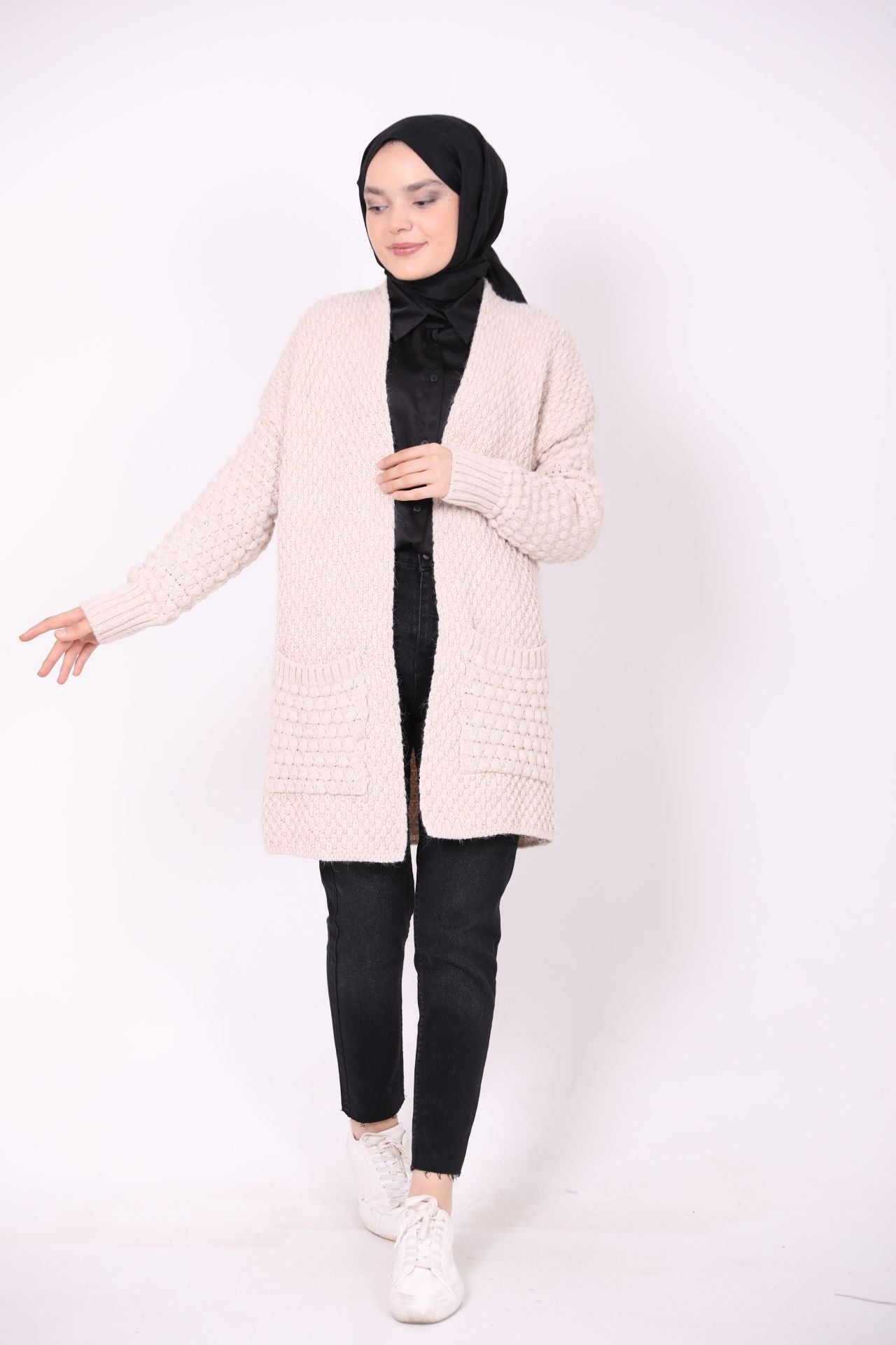 Double Pocket Knitted Model Cardigan Beige