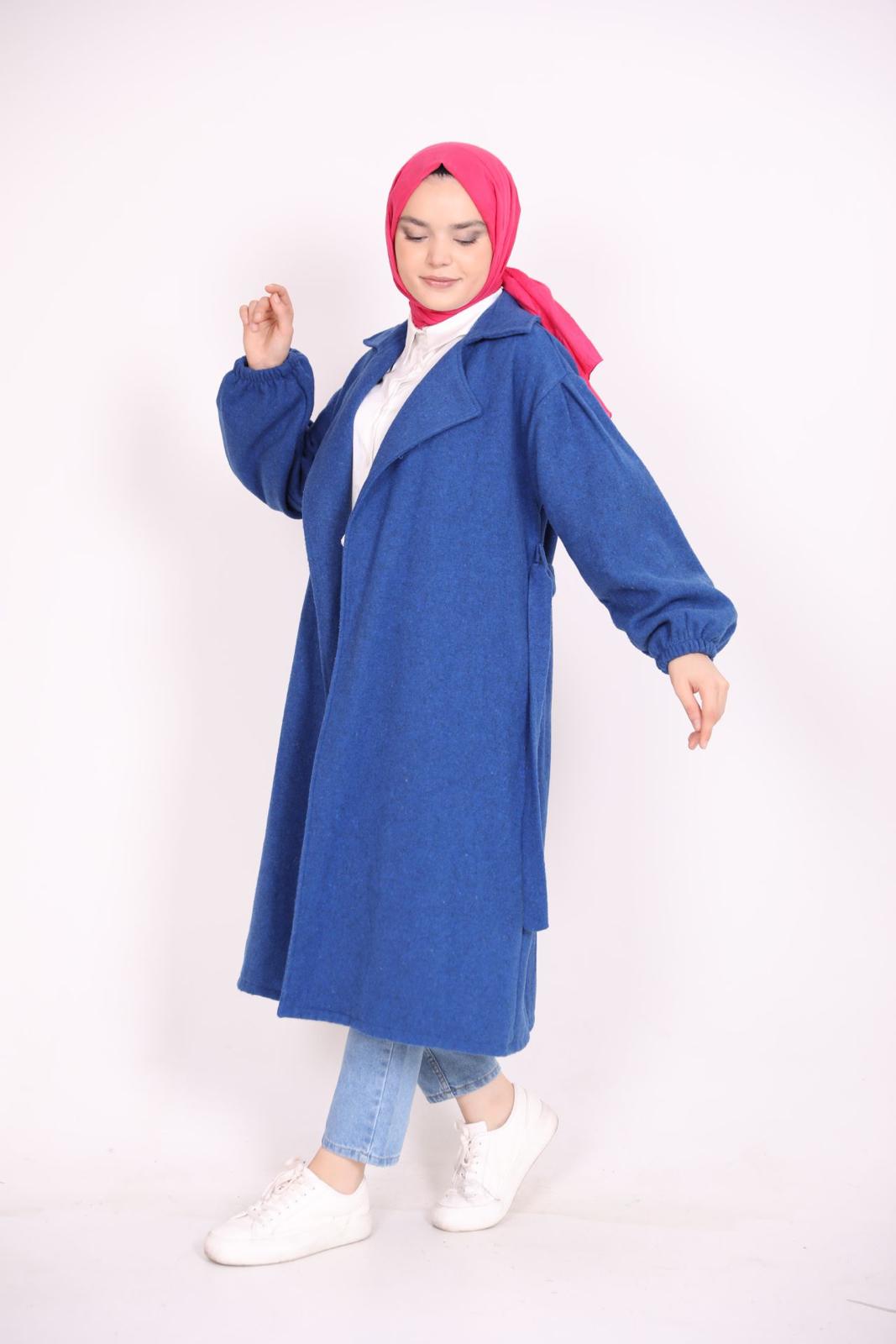 Balloon Sleeve Belted Coat Blue
