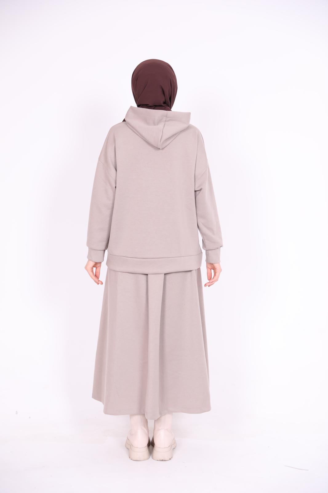 Kangaroo Pocket Hooded Skirt Suit Mink