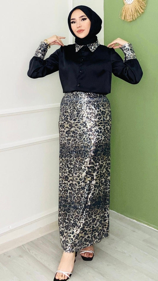 Eteği Leoparlı Saten Takım Siyah