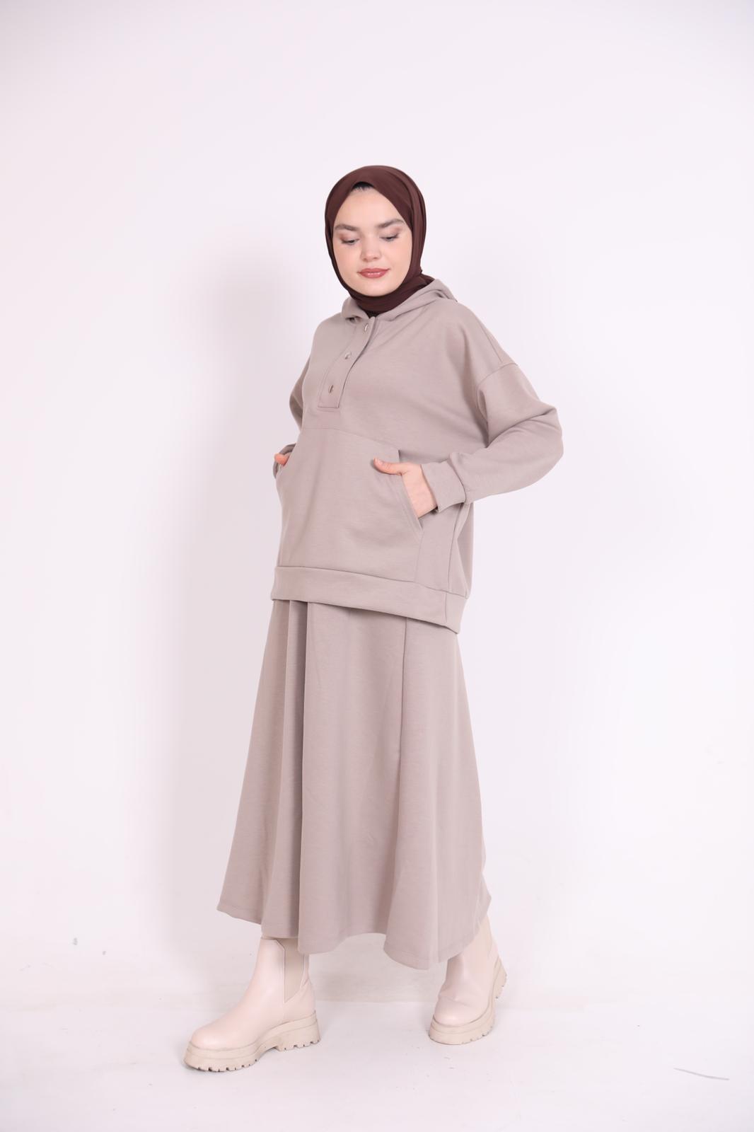 Kangaroo Pocket Hooded Skirt Suit Mink