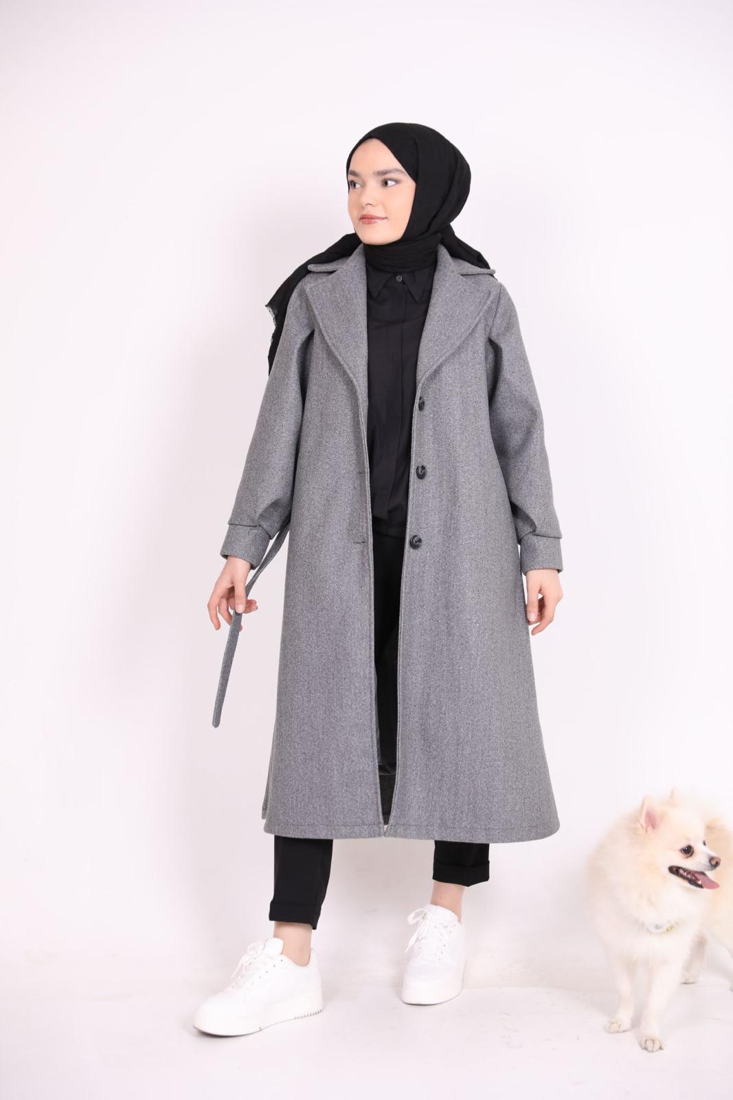 Bracelet Sleeve Belted Coat Gray